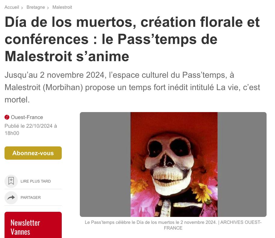 Article Ouest France Dia de Los Muertos au Pass'Temps à Malestroit